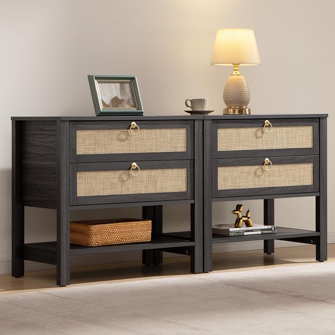 SICOTAS Rattan Nightstand Set of 2, Wide Boho Bedside Table by SICOTAS