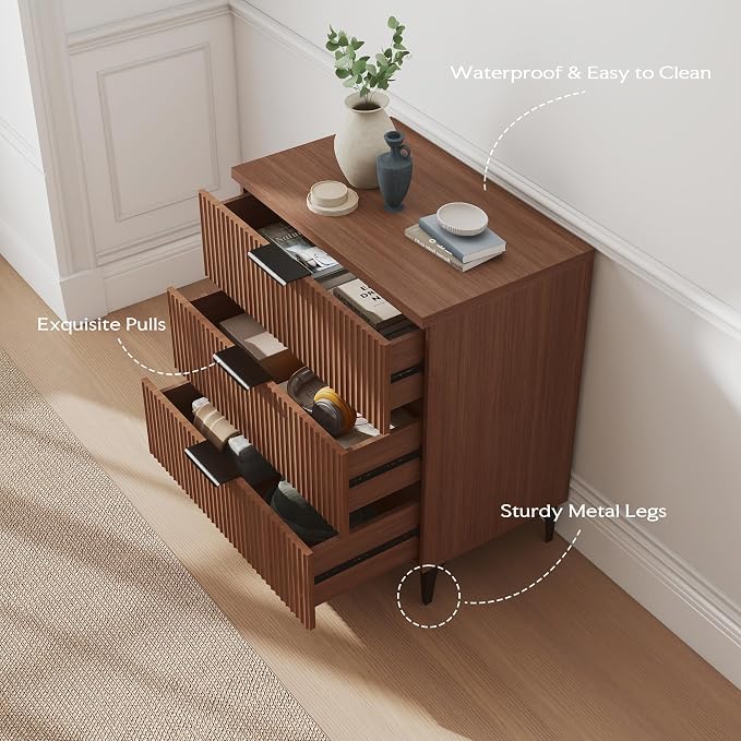 25.6" W Fluted Nightstand with 3 Drawer, Mid-Century Modern Night Stands | - Image 6