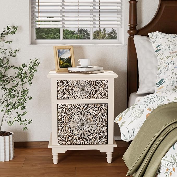 COSIEST 2 Drawers Accent Dresser, Vintage Small Accent Chest with 4 Wood Legs, Free-Standing Buffet Server Nightstand End Table for Bedroom, Living Room, Entryway