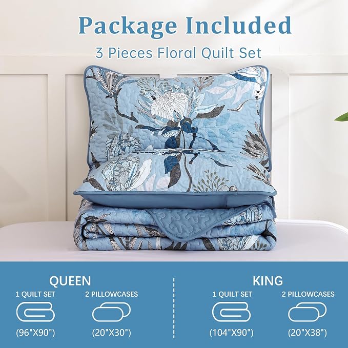 Dintszyayue Quilt Queen Size Blue, 3 Pieces Boho Floral Bedspread Bedding - Image 7