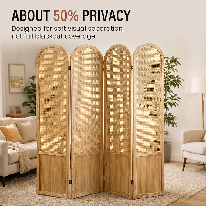 4 Panel Rattan Room Divider Screen, Boho Folding Privacy Screen | Decorative - Image 2
