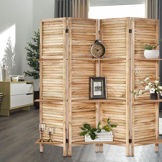 Room Divider with Shelves, 4 Panel Natural Privacy Screen | Partition Room - Image 4