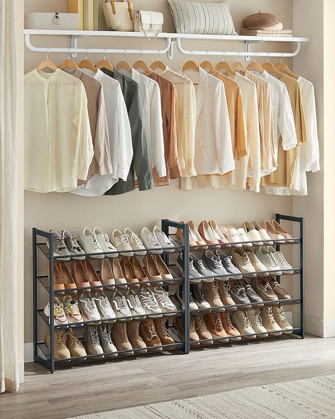 SONGMICS Shoe Rack, 8-Tier Shoe Organizer, Metal Rack for Garage, Set of 2, 4-Tier Stackable Shelf, with Adjustable Flat or Angled Shelves, 32-40 Pairs, Charcoal Gray ULMR08GB