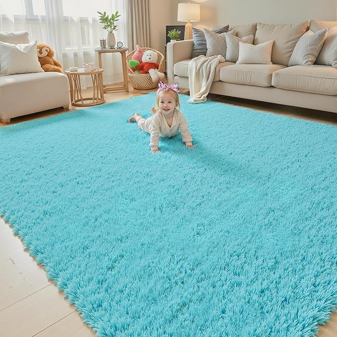 Area Rugs 9x12 Living Room, Teal Blue Large Shaggy Carpet Plush Furry Rug | - Image 2