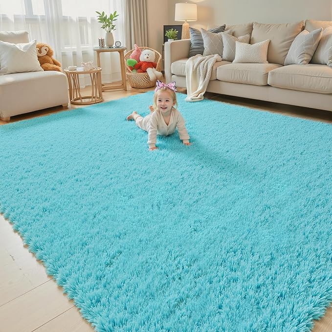 8x10 Area Rugs for Living Room, Teal Blue Large Soft Shaggy Carpet | Plush by Junhejiamei