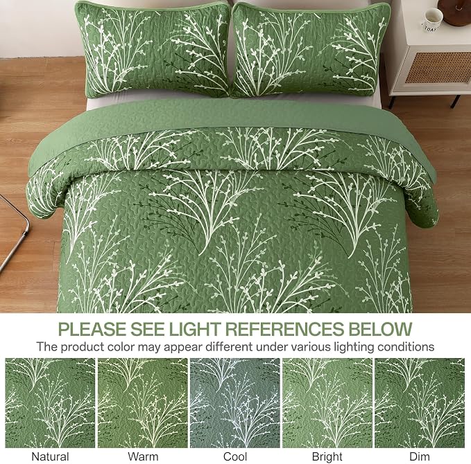 DJY Green Quilt Set Queen Size Branch Bedspread Coverlet Set, 3 Piece Olive - Image 3
