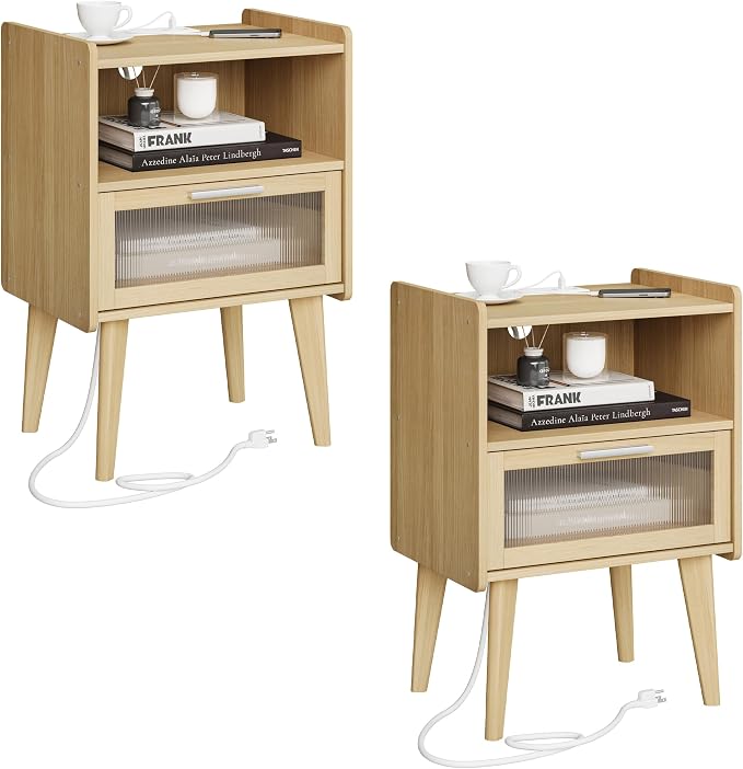 Nightstand with Charging Station, Natural Wood Bedside Tables, Modern End Table by MMEOLUOOK