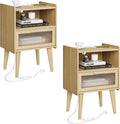 Nightstand with Charging Station, Natural Wood Bedside Tables, Modern End Table by MMEOLUOOK