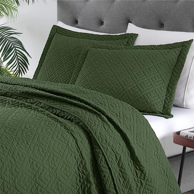 EXQ Home King Size Quilt Set Squares Pattern Bedding Set Olive Green | Soft - Image 2