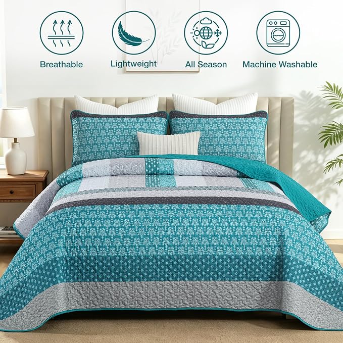 WONGS BEDDING Stripe Quilt Set, Breathable All-Season Coverlet - Image 2