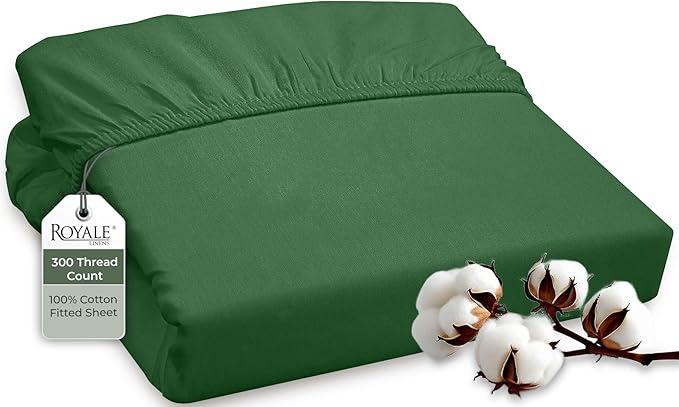 ROYALE LINENS 300 Thread Count 100% Long Staple Combed Cotton Fitted Sheet Twin - Super Soft Deep Pocket Bottom Sheet - Fitted Sheets Only - Elastic Sheets (Twin, Hunter Green)