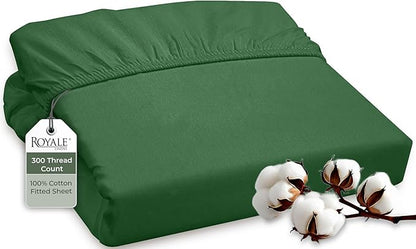 ROYALE LINENS 300 Thread Count 100% Long Staple Combed Cotton Fitted Sheet Twin - Super Soft Deep Pocket Bottom Sheet - Fitted Sheets Only - Elastic Sheets (Twin, Hunter Green)