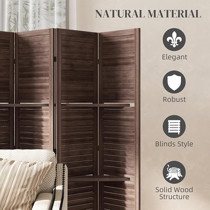 HOMCOM Room Divider 6 Panel 67" Tall Wood Privacy Screen Walnut | 3 Display - Image 5