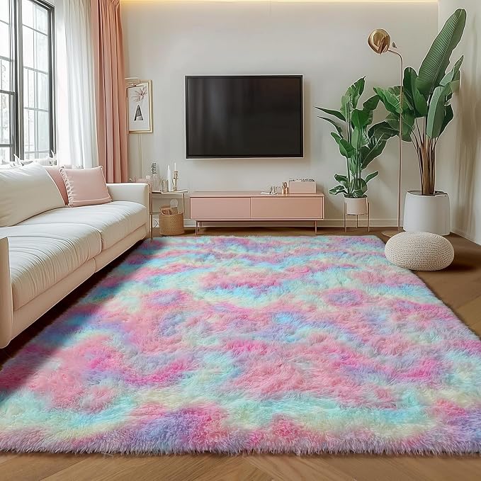Rainbow Area Rugs for Living Room, 5x8 Fluffy Girls Bedroom Rug, Indoor Ultra - Image 3