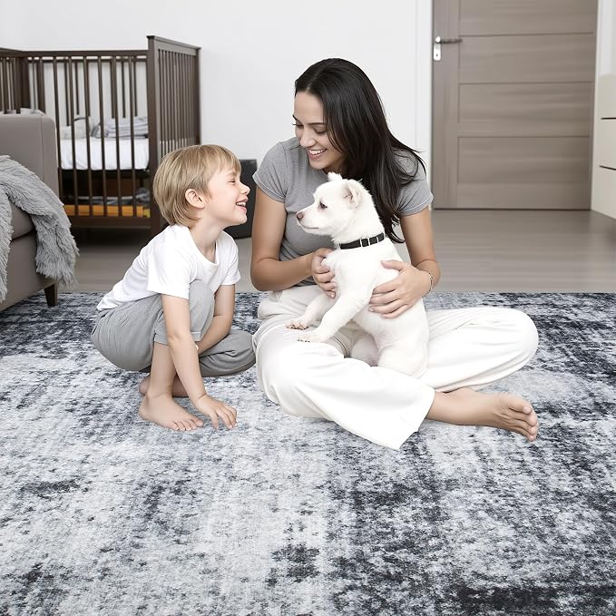 Area Rug Living Room: 6x6 Modern Washable Soft Carpet Dark Black | - Image 8