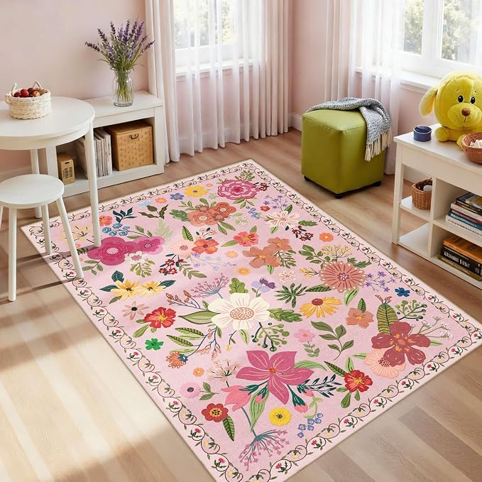 Latte&Fog 3x5 Entryway Area Rugs, Washable Floral Pink Rugs - Image 3