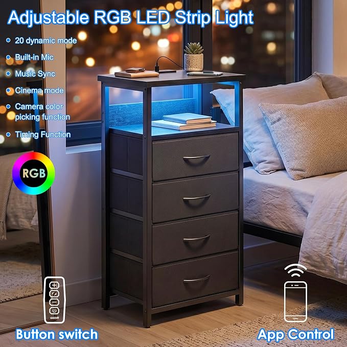 Fixwal Night Stand with Charging Station, 4 Drawers | fabric drawer, built-in - Image 4
