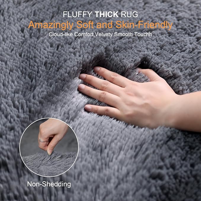 5x8 Thick Grey Fluffy Shag Rug for Bedroom, Plush Washable Carpet | Area Rug - Image 2