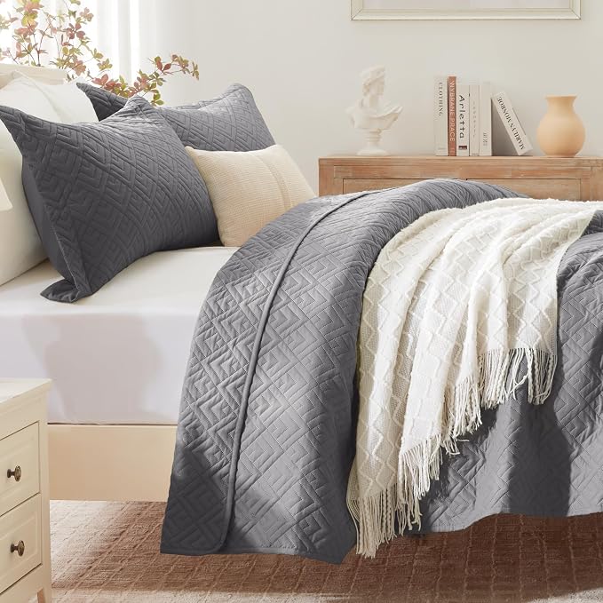EXQ Home Quilt Set Queen Size Summer Squares Pattern Grey Bedspread | Bedding - Image 2