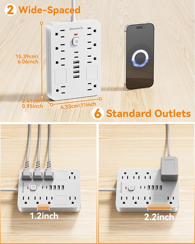 Bawmwim Surge Protector Power Strip - 8 Outlets(1850W/15A) with 6 USB Ports（2 USB C, 10FT Flat Plug Extension Cord, Wall Mount Multi Plug Outlet Extender, ETL Listed for Home, Dorm Room, White