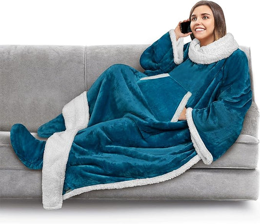 PAVILIA Sherpa Blanket with Sleeves, Foot Pocket for Women Men Adults, Thick Wearable Blanket Throw Wrap, Fleece Warm Snuggle Blanket Robe, Cozy Gift Ideas Wife Mom, Teal Blue