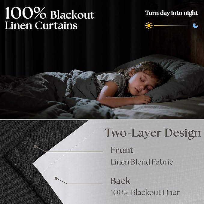 Neutral Black Linen Pinch Pleated Blackout Curtains 108 Inches Long for Bedroom Pleated 100% Black Out Drapes with Liner Black Farmhouse Modern Extra Long 108 Inch Curtain for Living Dining Room