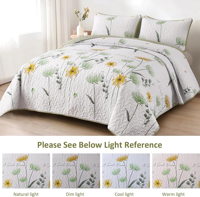 Dinjoy King Quilt Set, 3 Pieces Boho Floral Bedspreads, Fall Flower Bedding | - Image 4