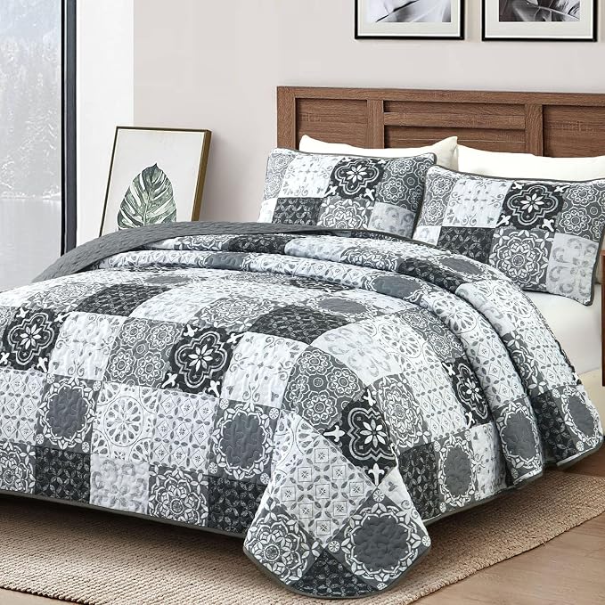 Dobuyly Quilt Set King Size, Boho Plaid Patchwork Bedspreads, Lightweight Soft - Image 2