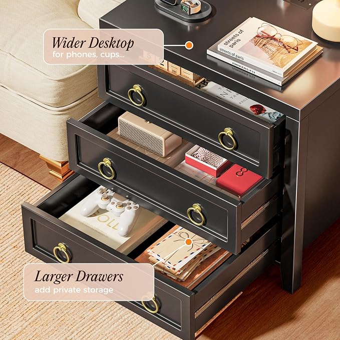 Huuger Night Stand with Charger Station and USB-C Port, 3 Drawer Nightstand | - Image 4