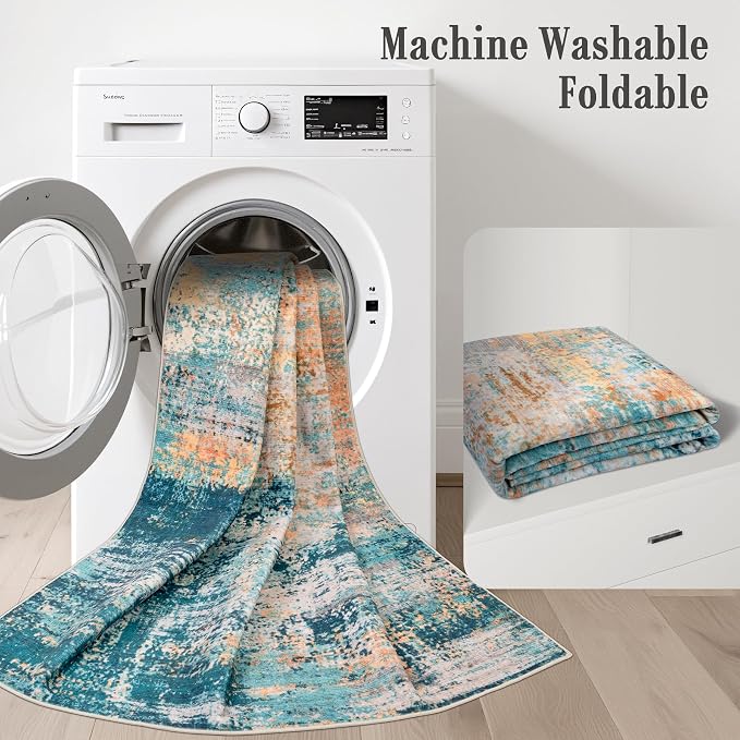 2.6x8 Washable Runner Rug：Modern Abstract Soft Carpet Rosy Haze | - Image 6