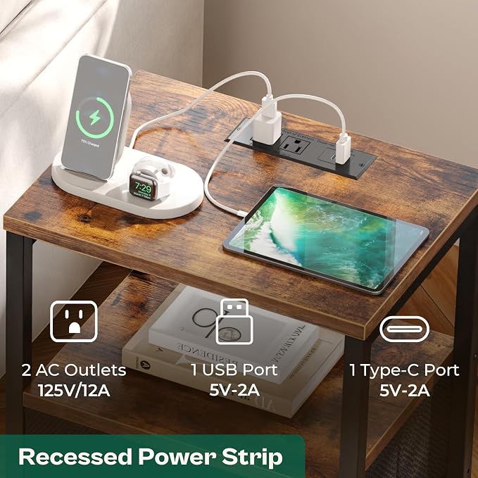Huuger Nightstand with Charging Station, Side Table with Fabric Drawers - Image 3