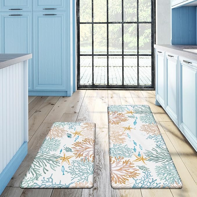 Kitchen Mats for Floor Cushioned Anti Fatigue Sets of 2 Coastal Kitchen Rugs Non Slip Waterproof Nautical Foam Kitchen Floor Rug Beach Theme Coral Fish Comfort Standing Mat for Sink Laundry, Teal