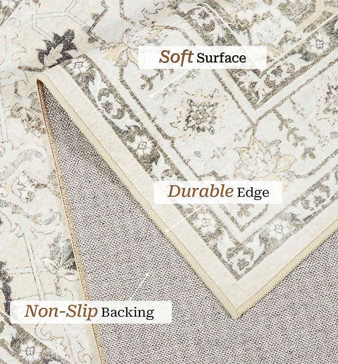 zesthome Washable Rug 6x9 Area Rugs,Stain Resistant Rugs for Living Room,Bedroom,Non-Slip Backing Home Decor Rug, Vintage Medallion Pattern Rugs (Beige,6'x9')