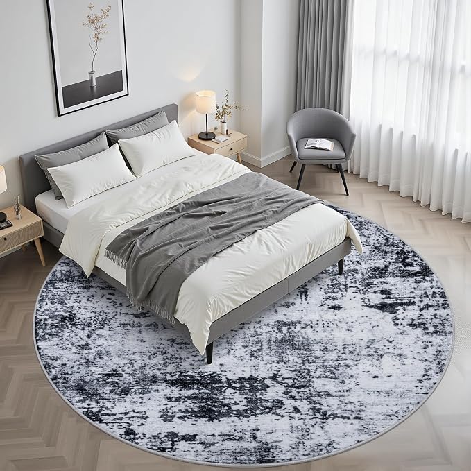 Round Area Rug Living Room: 6 ft Modern Washable Carpet Black | - Image 2