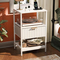 VINGLI White Nightstand with Charging Station and Fabric Drawer, Fluted Night by VINGLI