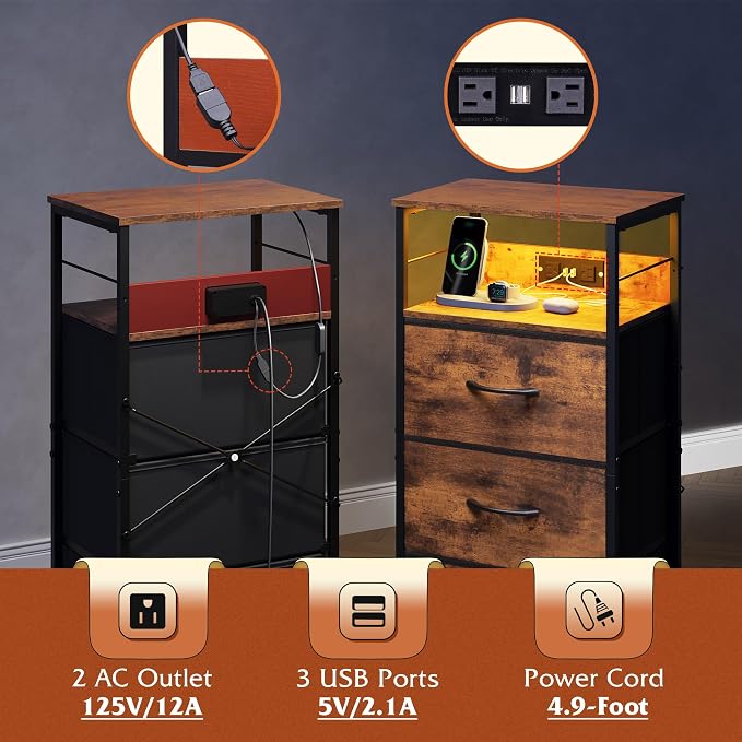 WLIVE Nightstand with Charging Station, 31.9" H Nightstand with 3 Fabric Drawers - Image 6