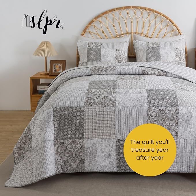 SLPR - Silver Linings Patchwork Gray Cotton Quilt Set, Queen - Image 7