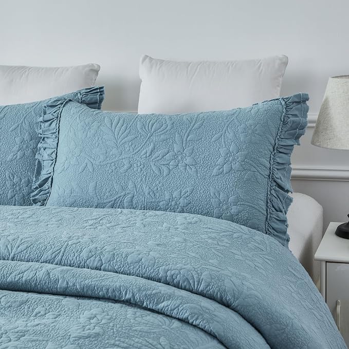 Brandream Luxury 100% Cotton Quilt Set Queen Size Blue Floral Vine Matelasse - Image 4