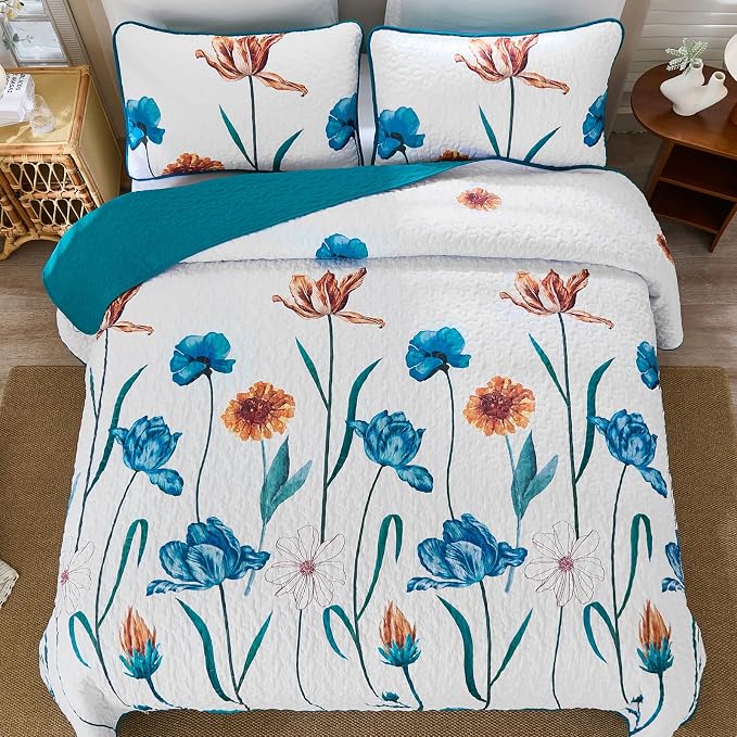 WONGS BEDDING Floral Quilt Set Queen, Shabby Chic Teal Floral Botanical Pattern - Image 3