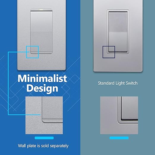 LIDER Minimalist Design Matte Finish Lighted Decorator Switch, Frameless Paddle Light Switch with Locator Light, Grounding Screw, 15A 125V, UL Listed, LS15-1P-SV5P, Silver, 5 Pack