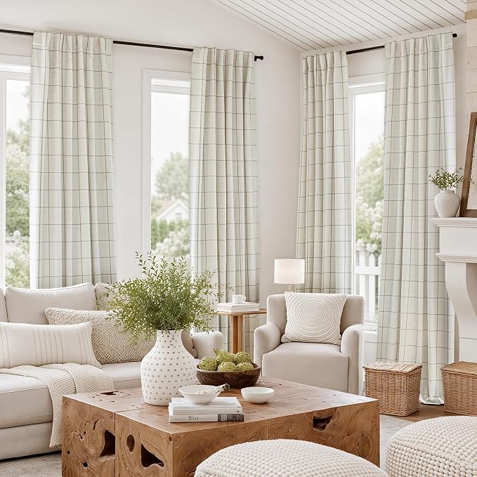 DriftAway 100% Blackout Plaid Linen Curtains 72 Inches Long 2 Panels Taupe | - Image 2