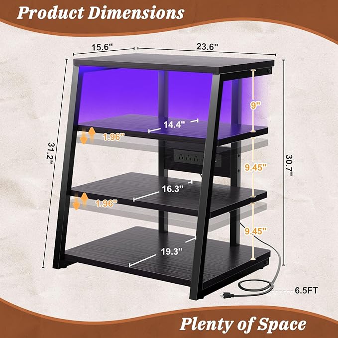 Armocity 4-Tier AV Media Stand with Power Strips, Stereo Stand with LED Lights, Rack Audio Tower with Adjustable Shelves, Small Entertainment Center, 30'', Black Ebony