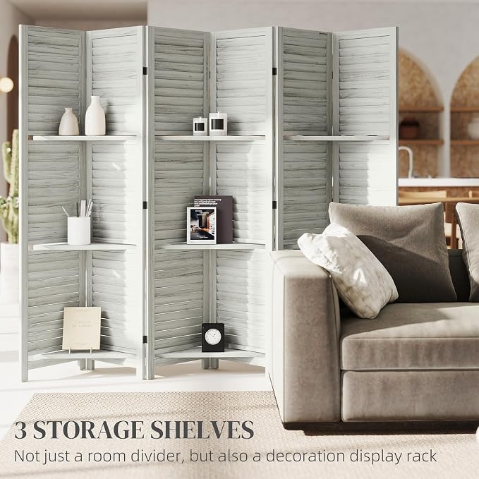 HOMCOM Room Divider with Shelves 6 Panel 67" Wood Screen Distressed White | 3 - Image 3