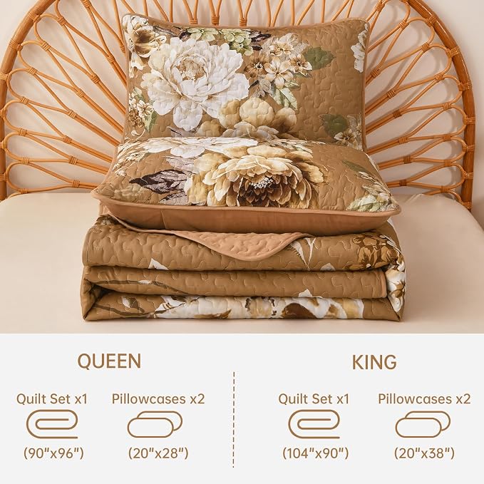 WONGS BEDDING Fall Brown Floral Quilt Set King, 3 Pieces Reversible Lightweight - Image 7