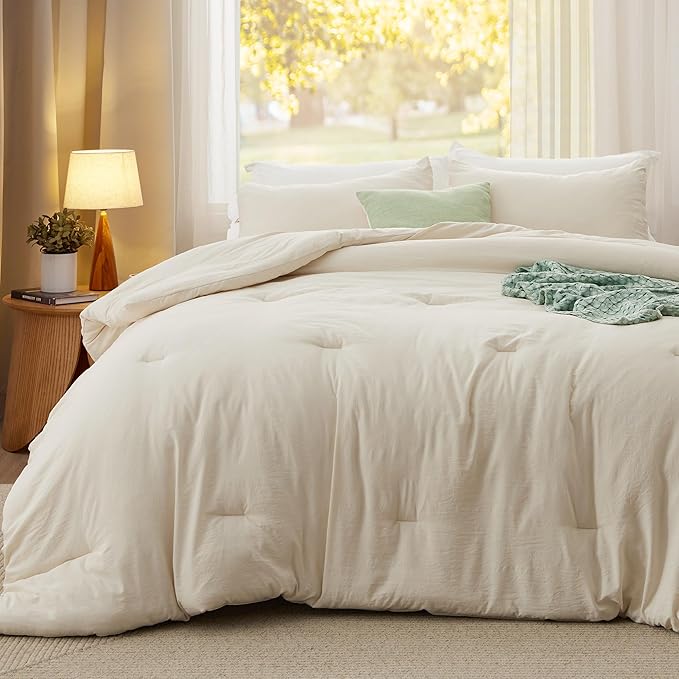 Bedsure Full Comforter Set, Cream Soft Prewashed Bedding - Image 2