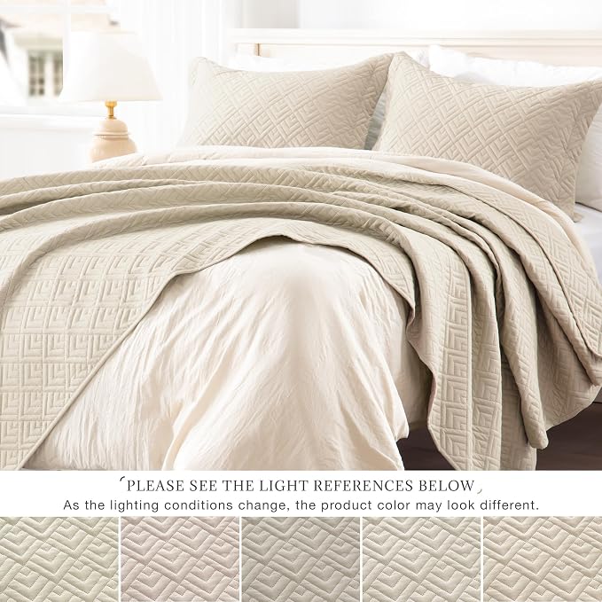 EXQ Home Twin Quilt Set Lightweight Squares Pattern Beige Bedding Set | Soft - Image 3