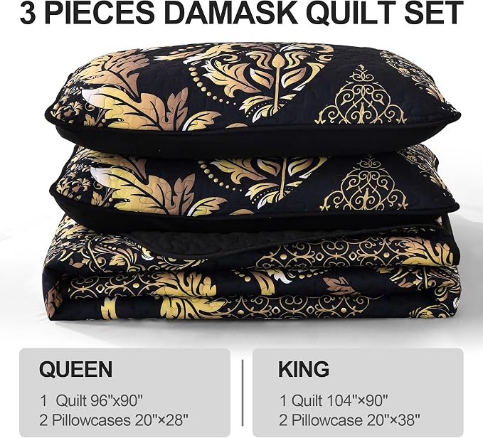DJY Black Quilt Set King Size, Boho Gold Damask Bedspread Coverlet 3Pcs | Soft - Image 6