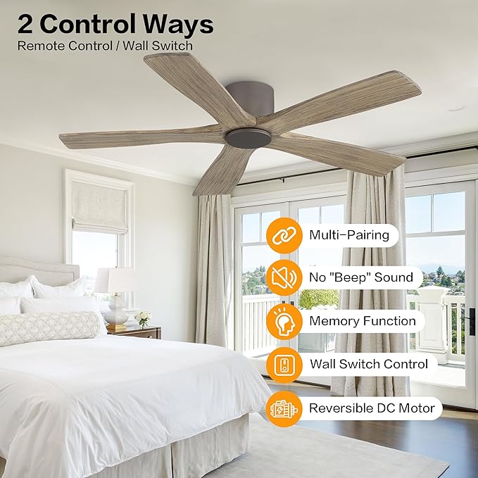 WINGBO 54" Flush Mount DC Ceiling Fans without Lights, 5 Carved Solid Wood Blades, 6-Speed Reversible DC Motor, Low Profile Hugger Ceiling Fan No Light for Living Room Bedroom Patio, Graphite and Gray