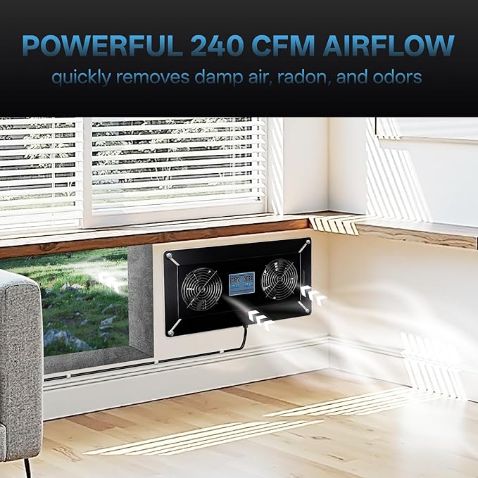 Pewoaoa 240 CFM Crawlspace Vent Fan, With Thermostat,Humidistat, Crawlspace Fans, For Moisture Reduction, Radon Mitigation, Freeze Protection, Ideal for Basement, Attic, Crawl Space Fan Vent(Black)