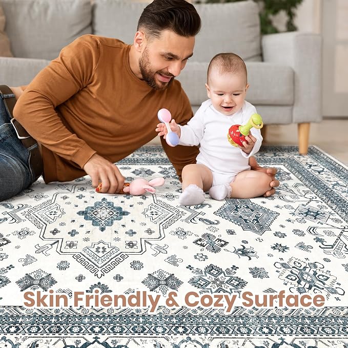 cotiled 8x10 Area Rug for Living Room, Traditional, Powder Blue | Soft - Image 3